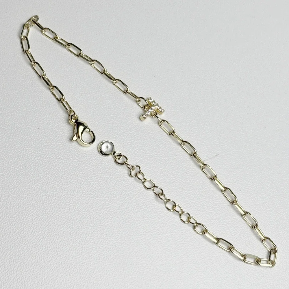 Gold Tone Initial T Paperclip Chain Bracelet Pave‎ Rhinestone Adjustable 8.25in